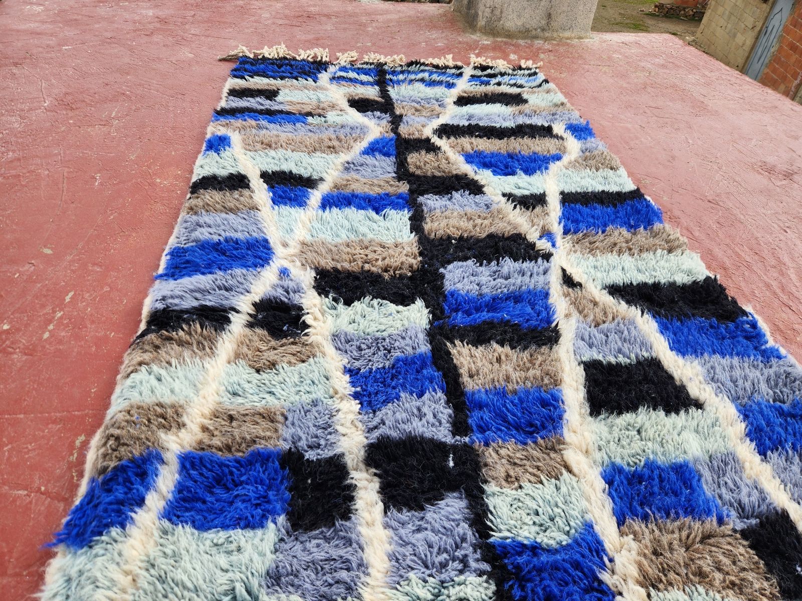Vintage Moroccan Beni Ouarain Rug In Blue Tones – Handwoven Wool – 300 × 130 Cm photo furniture