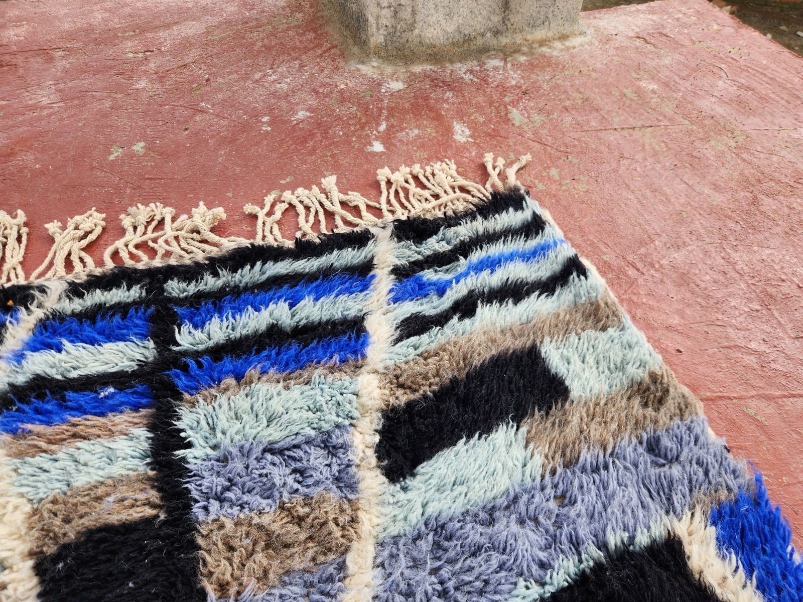 Vintage Moroccan Beni Ouarain Rug In Blue Tones – Handwoven Wool – 300 × 130 Cm photo vintage