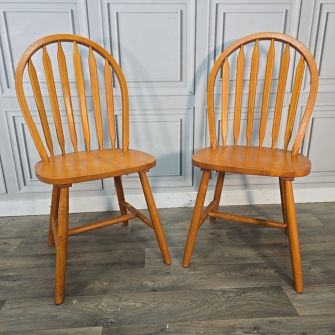 Vintage Windsor Dining Chairs Pair Of 2 Solid Wood Hoop Back Seats Retro photo furniture