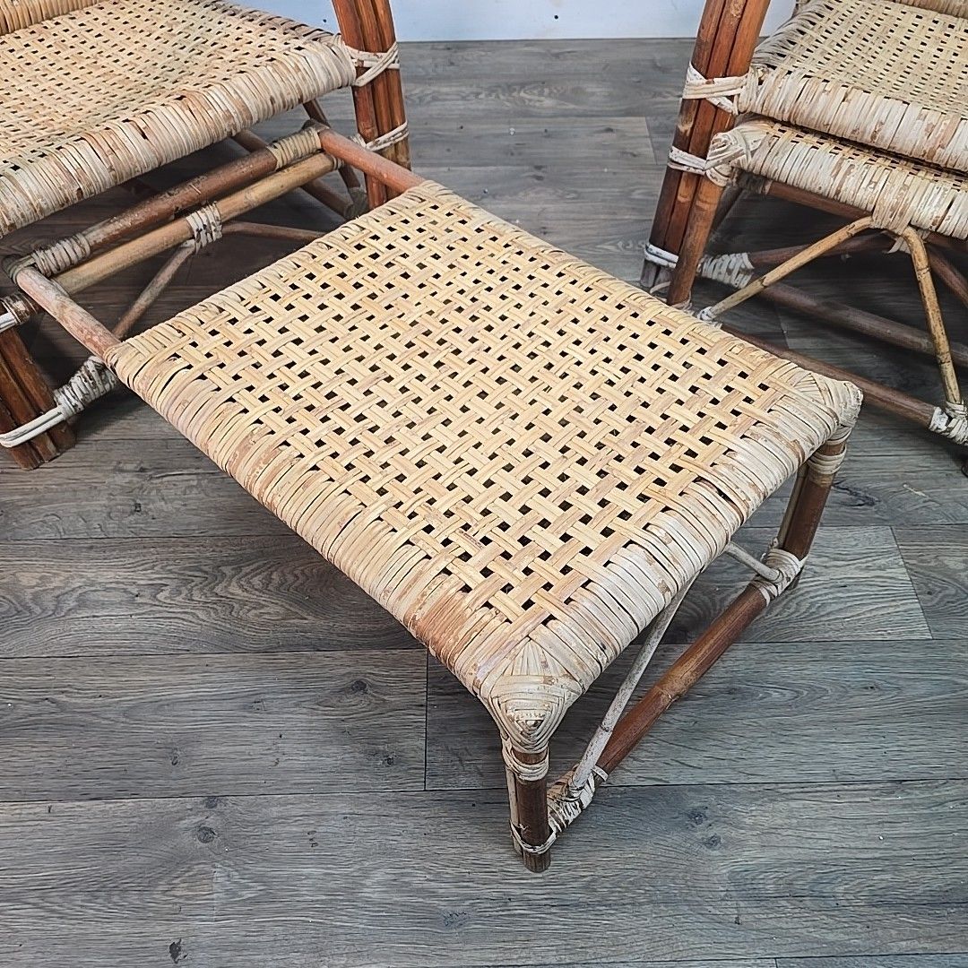 Vintage Lounge Chairs Pair 2 Rattan Sun  Mid Century – Retro Cane Recliner Set photo Furniture