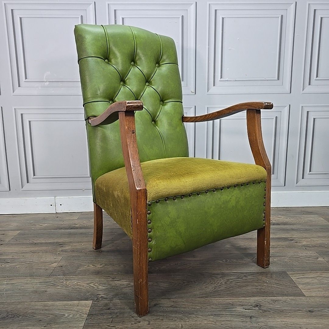 Antique Chesterfield Armchair Vintage Green  – Button Back Fabric Faux Leather photo furniture