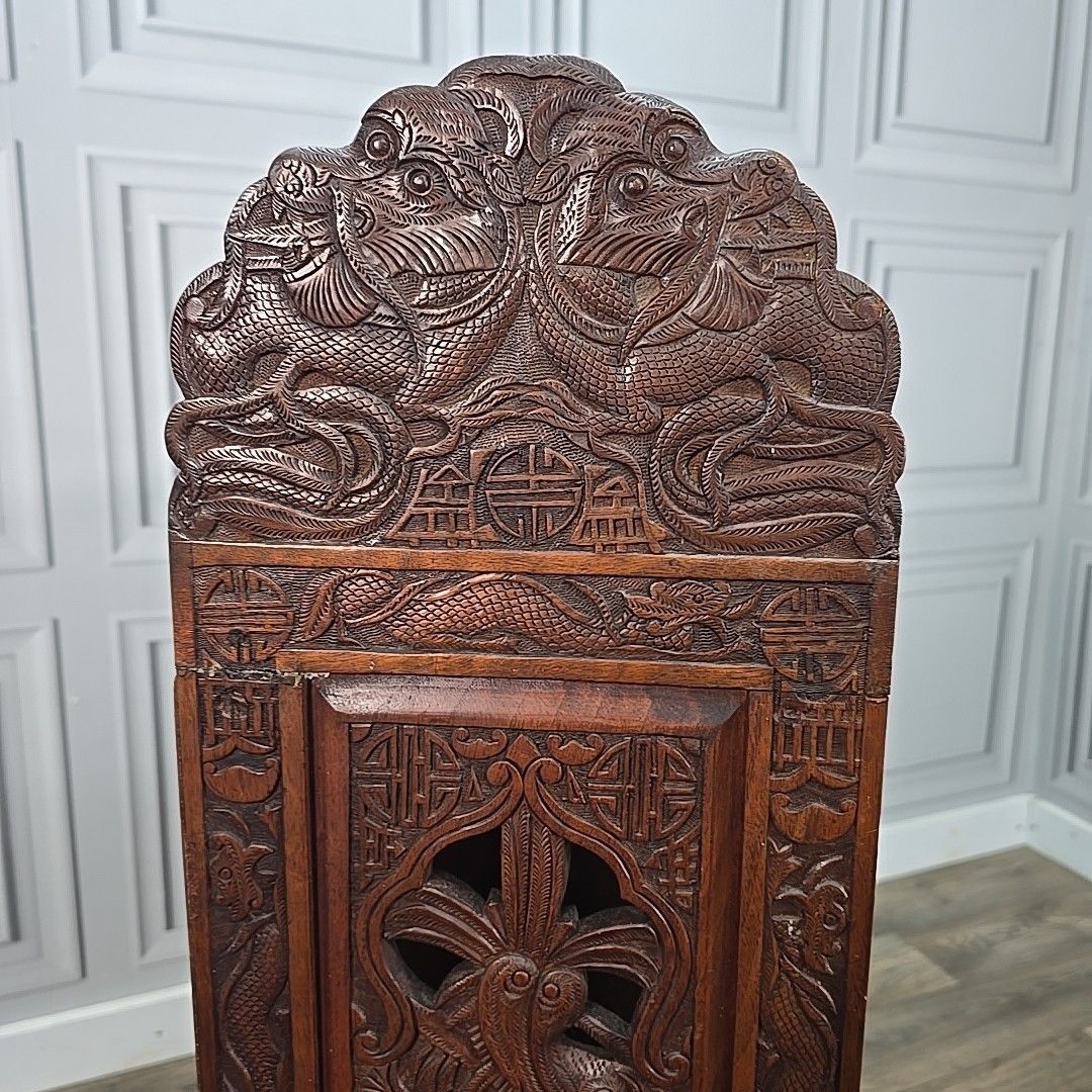 photo furniture Antique Bookcase Shelves Carved Low Oriental Solid Wooden Display Shelving Unit