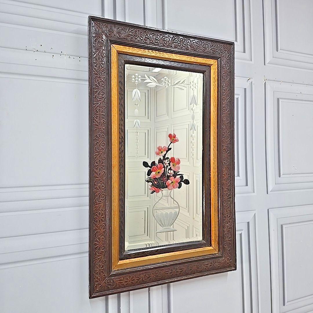 Antique Wall Mirror Carved Oak Frame – Bevelled & Etched Reverse Painted Glass