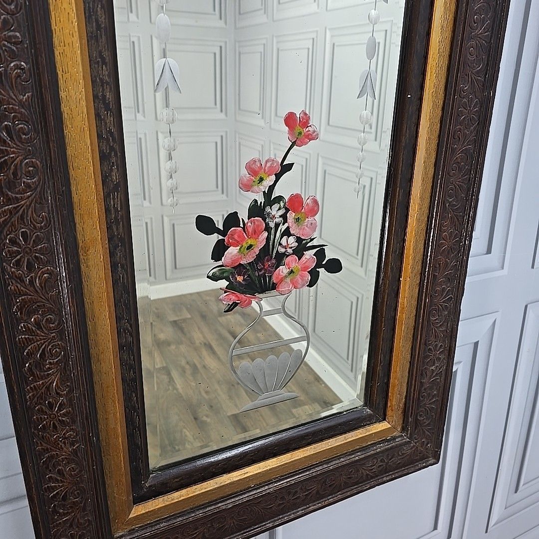Antique Wall Mirror Carved Oak Frame – Bevelled & Etched Reverse Painted Glass photo 270.0