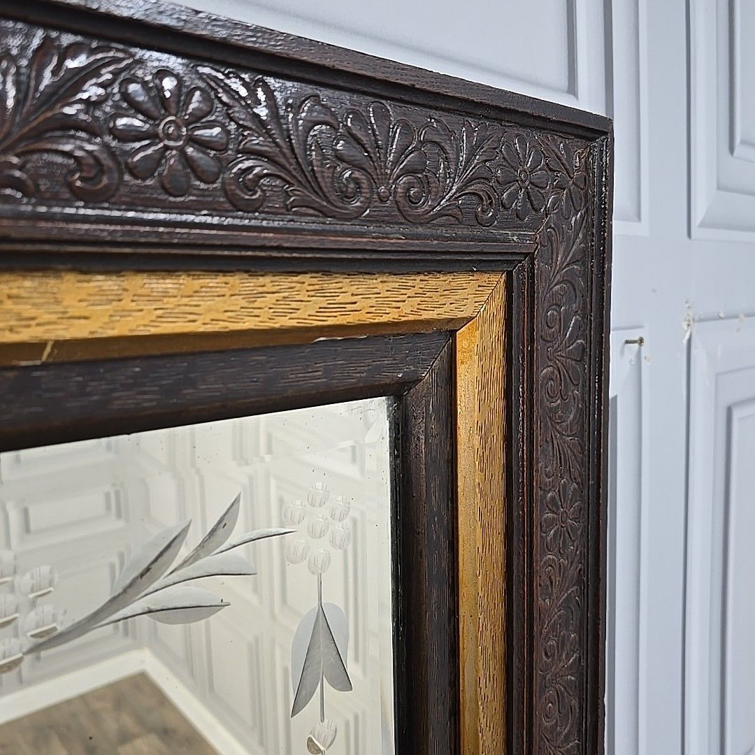 photo furniture Antique Wall Mirror Carved Oak Frame – Bevelled & Etched Reverse Painted Glass