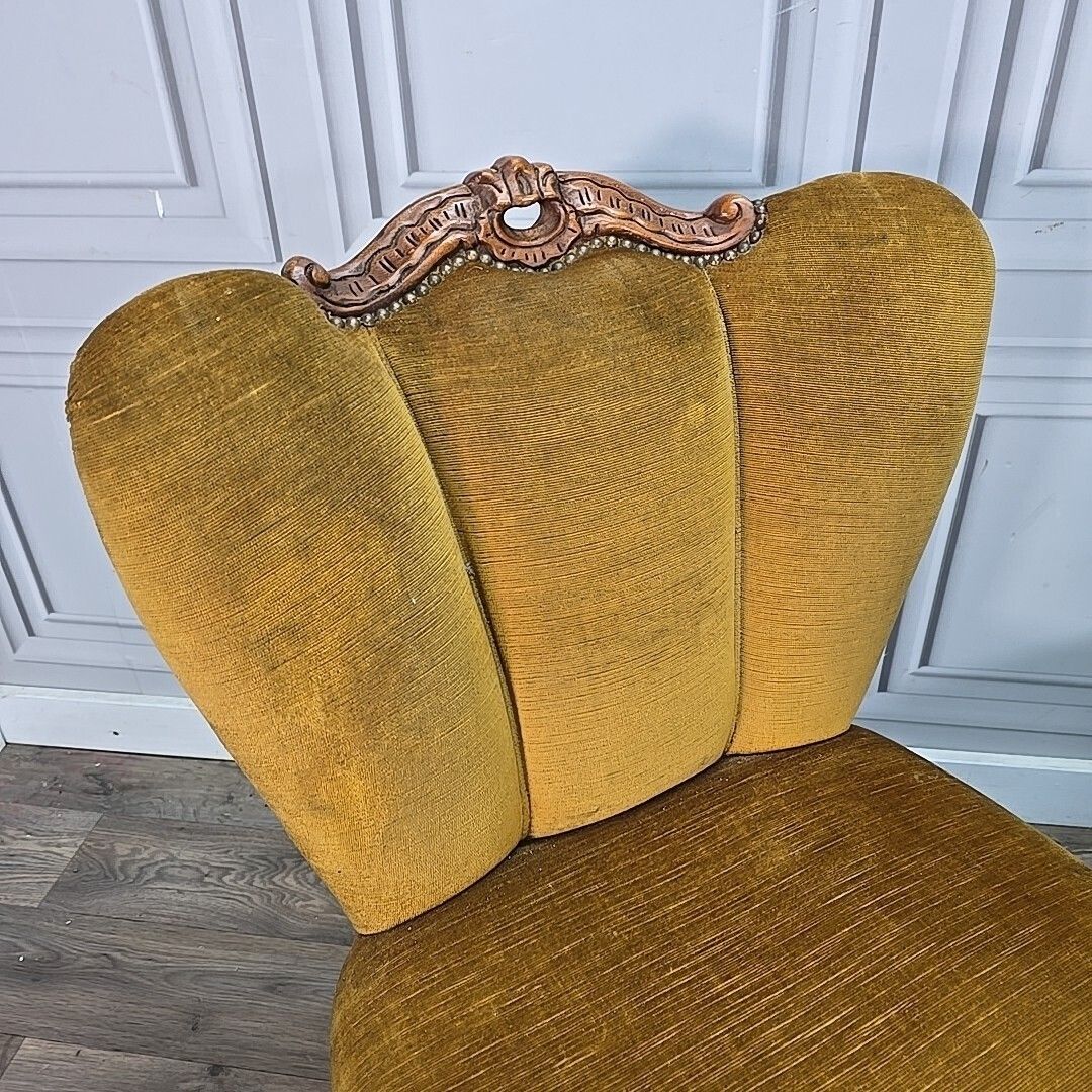 Antique Style Slipper Chairs Pair 2 Carved – Queen Anne Revival – Upholstered photo for sale