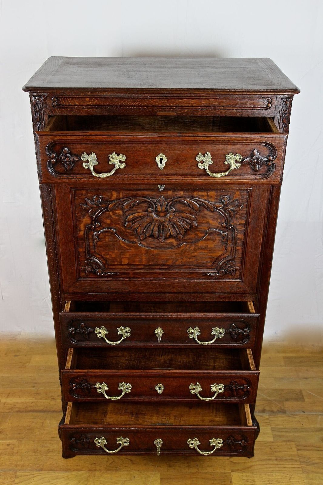 19th Century Baroque Revival Secretaire Cabinet, Oak Handcarved, At Ca. 1870 photo vinterior