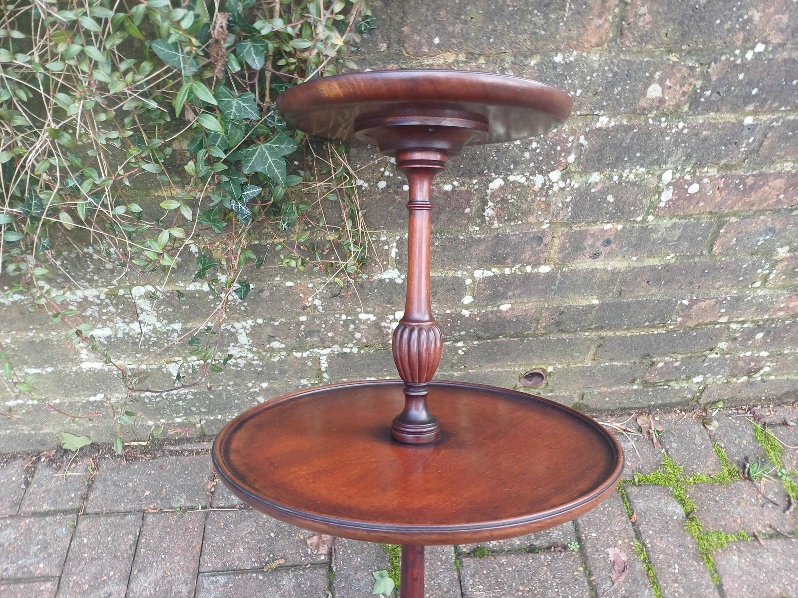 Vintage Mahogany Lazy Susan Wine Table Rotating Two Tier Side Table Solid Wood Tripod Base Fluted Column Occasional Table Free Hand Delivery photo vinterior