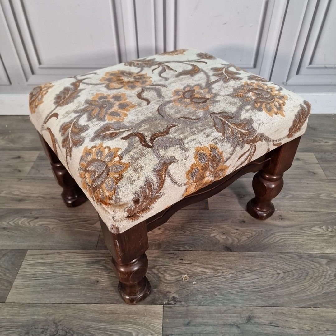 Vintage Upholstered Footstool Solid Wood Turned Legs Floral Fabric Top Feet Rest photo furniture