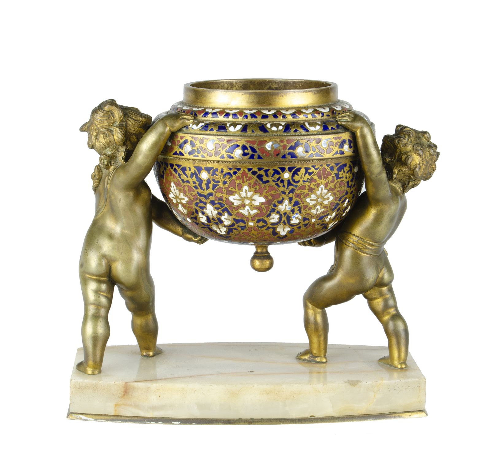 Late 19th Century Napoléon III Champlevé Gilt Bronze Sculpture Of Puttiwith Marble Base, France photo Art