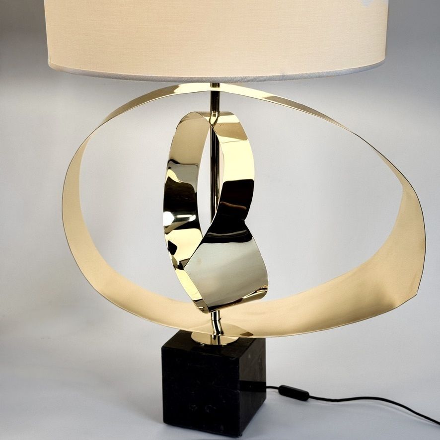 Late 20th Century Pair Of Brass And Black Marquina Marble Sculptural Table Lamps photo vintage