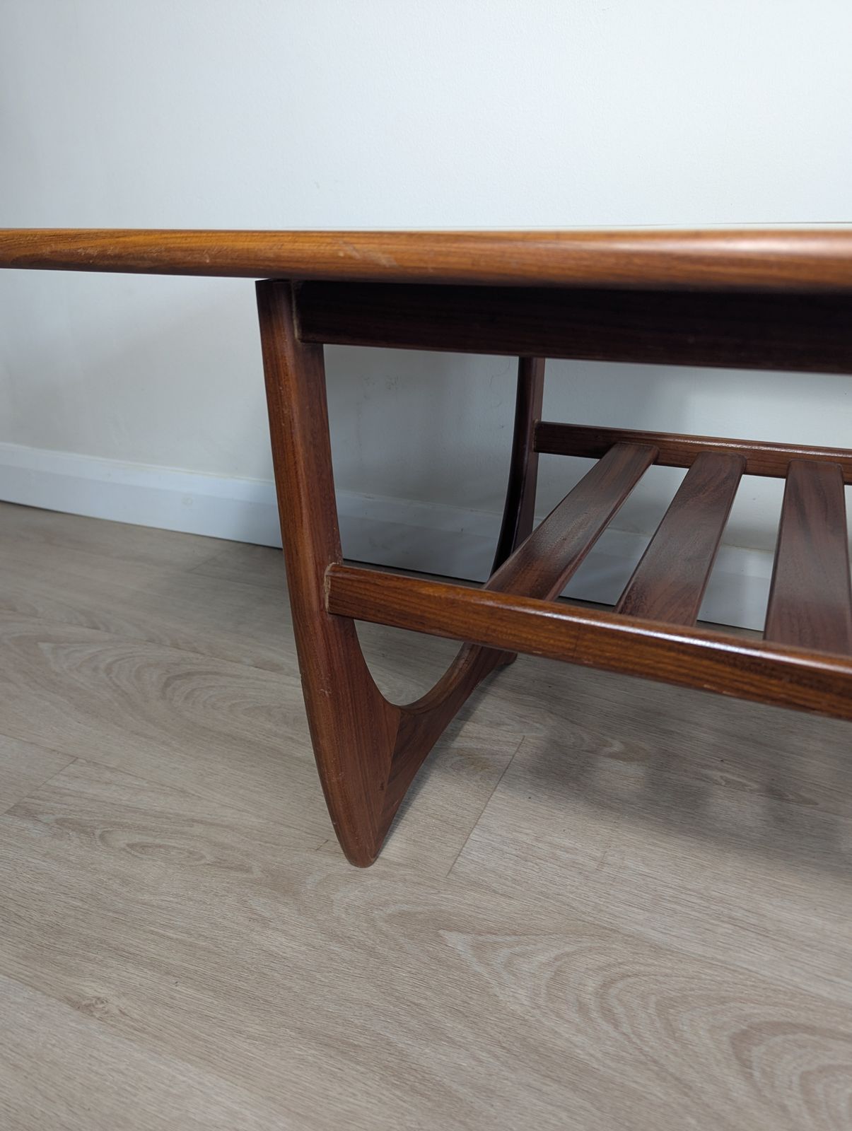 photo vinterior G Plan “Long John” Teak & Glass Coffee Table With Slatted Undershelf Rare Find | Mid Century Modern (C.1960s–70s)