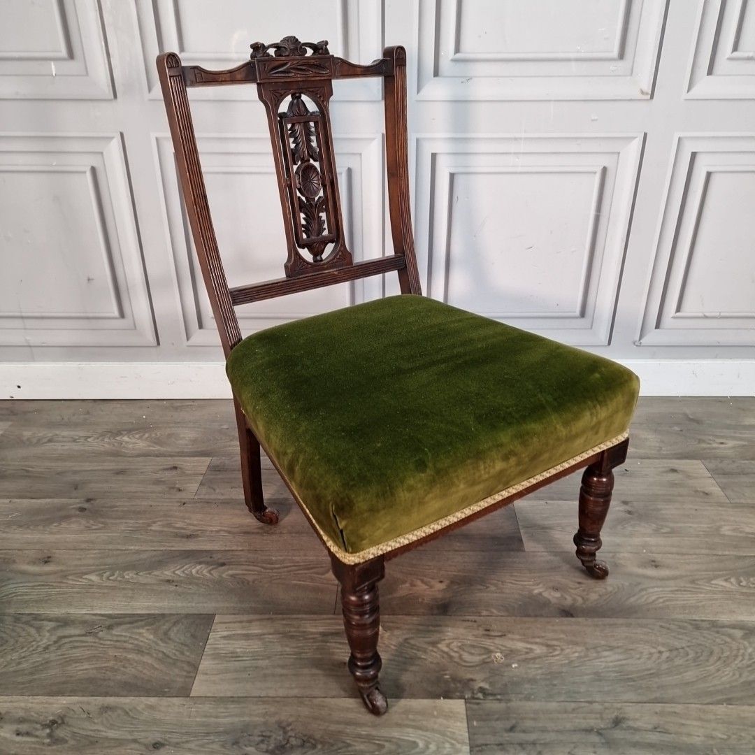 Antique Low Hall Chair Heavily Carved Solid Wood Green Velvet Bedroom Seat photo for sale
