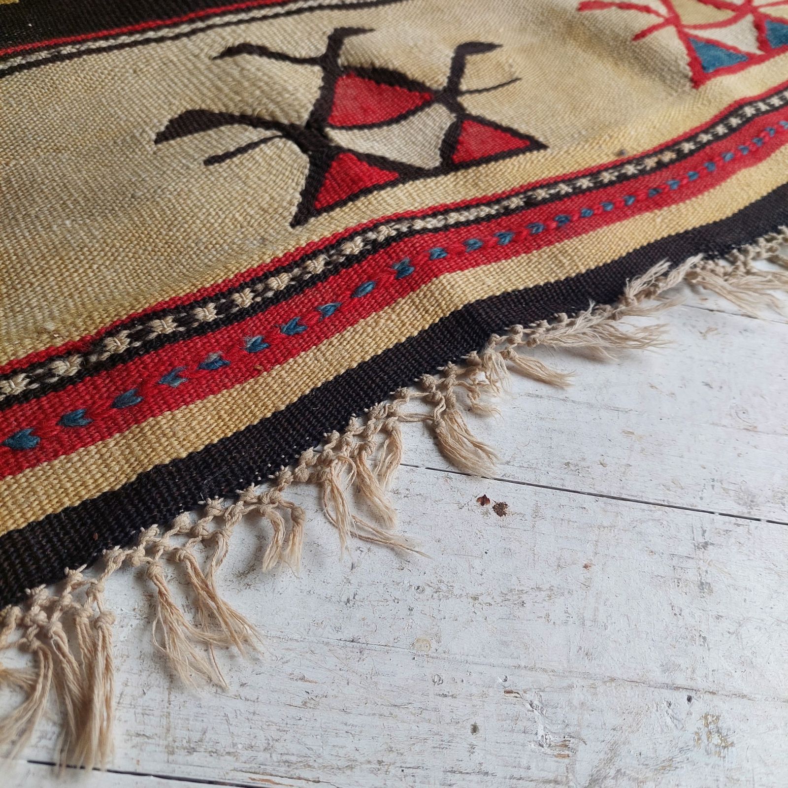 190.0 Vintage Traditional Turkish Kilim Rug Mid Century Anatolian Ochre Red Blue Brown Kelim,  140x88cm photo