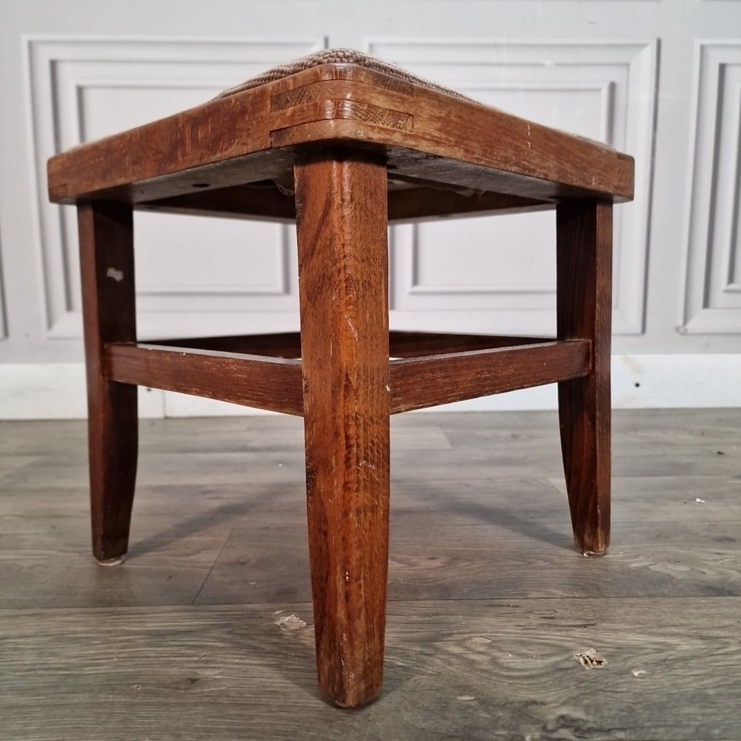 Small Vintage Upholstered Stool Foot Rest Solid Wood Floral Needlepoint Top photo furniture