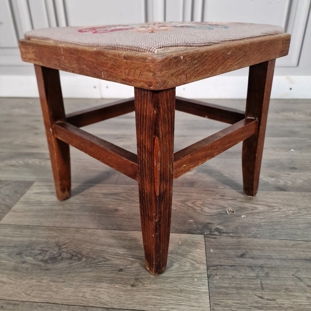 Small Vintage Upholstered Stool Foot Rest Solid Wood Floral Needlepoint Top photo vinterior