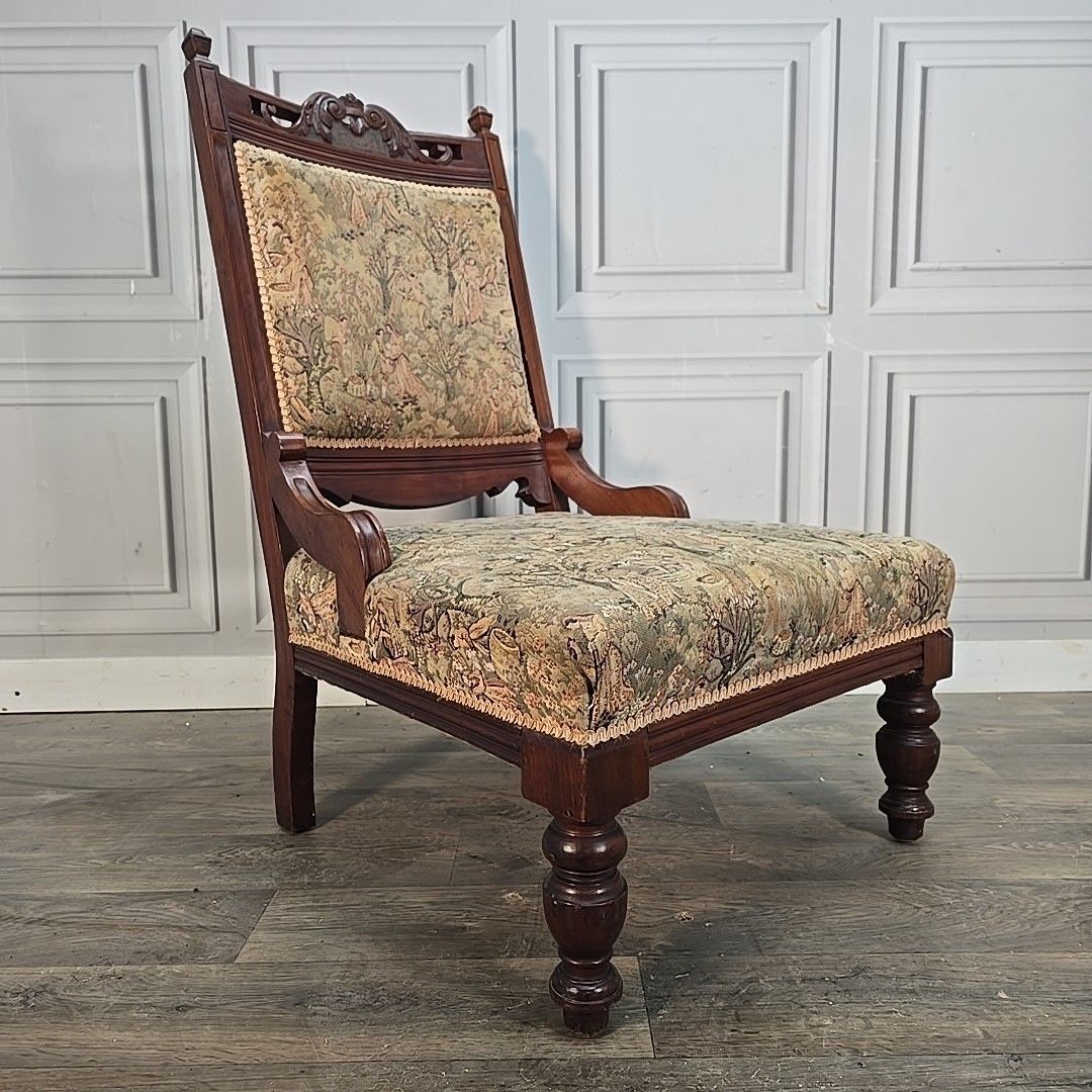 Antique Upholstered Nursing Chair Low Hall Solid Carved Wooden Tapestry Seat photo furniture
