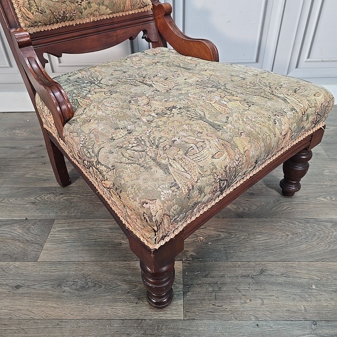 Antique Upholstered Nursing Chair Low Hall Solid Carved Wooden Tapestry Seat photo for sale