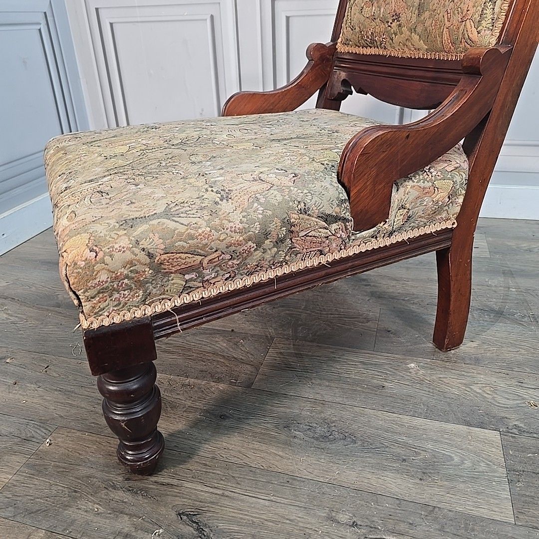 photo vintage Antique Upholstered Nursing Chair Low Hall Solid Carved Wooden Tapestry Seat