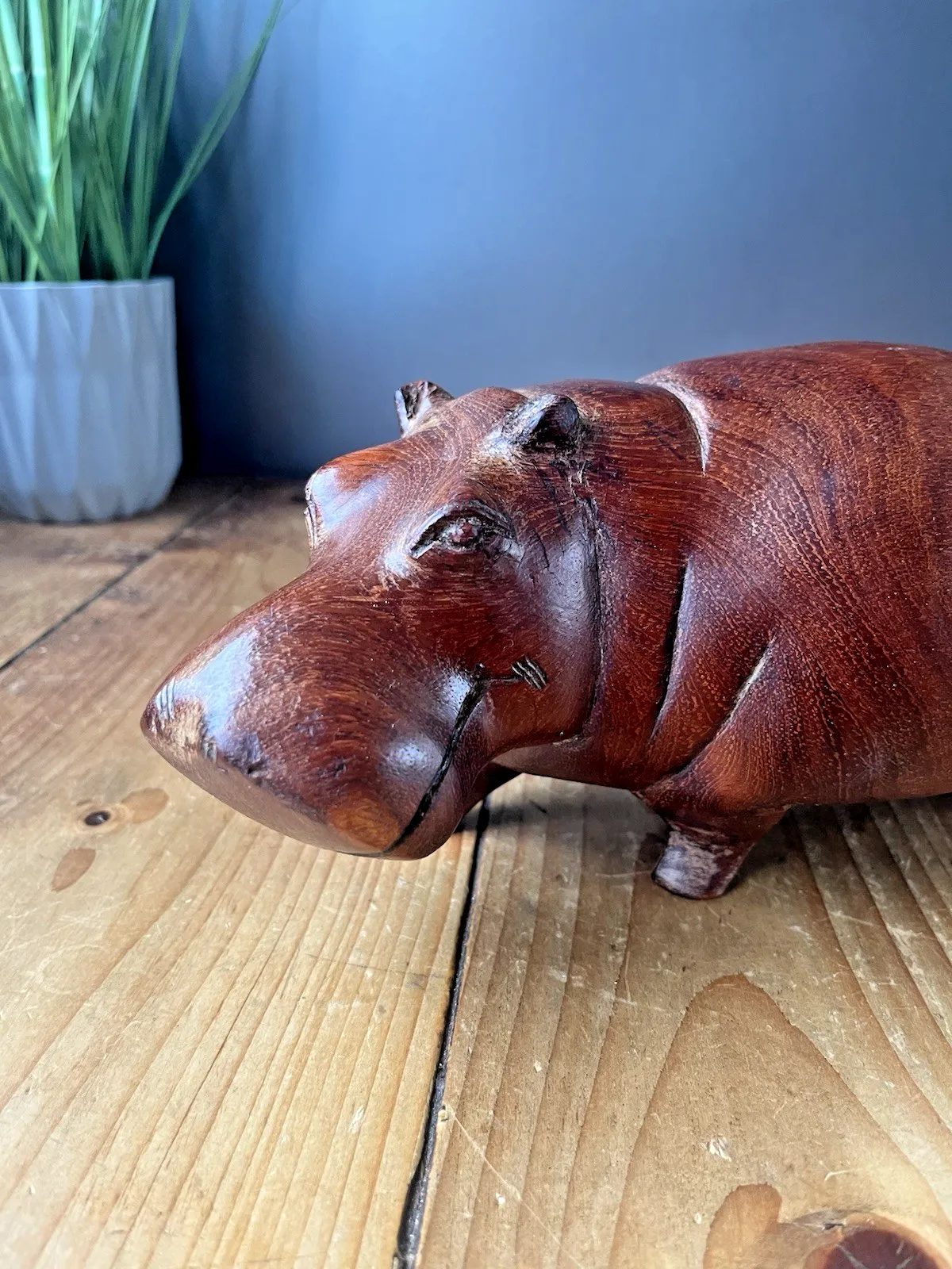 85.0 Mid Century Heavy Carved Teak Hardwood Hippo Sculpture Treen Ornament Vintage photo