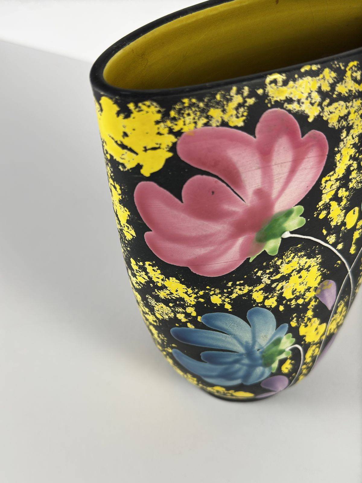 Floral Ceramic Vase, Black Yellow Glaze, Alvino Bagni For Raymor, Italian 1960s photo furniture