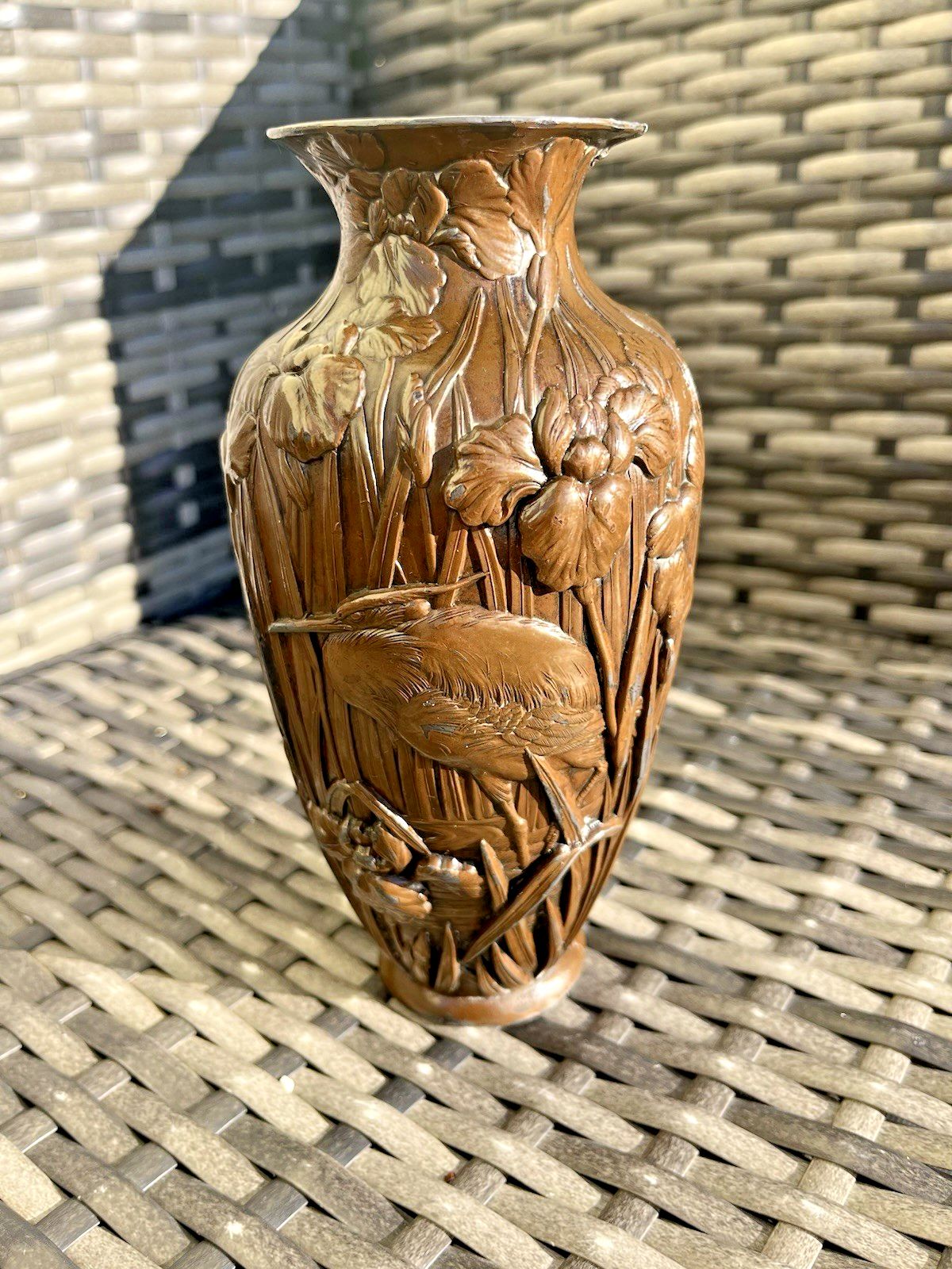 photo buy Antique Japanese Meiji Period Bronze Tone Copper Clad Crane Bird Vase Nouveau