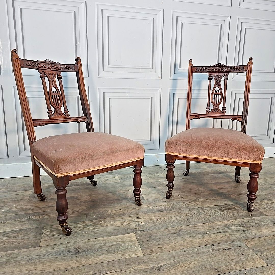 Antique Pair Bedroom Chairs Solid Wood Carved Hall Nursing Seats Mahogany