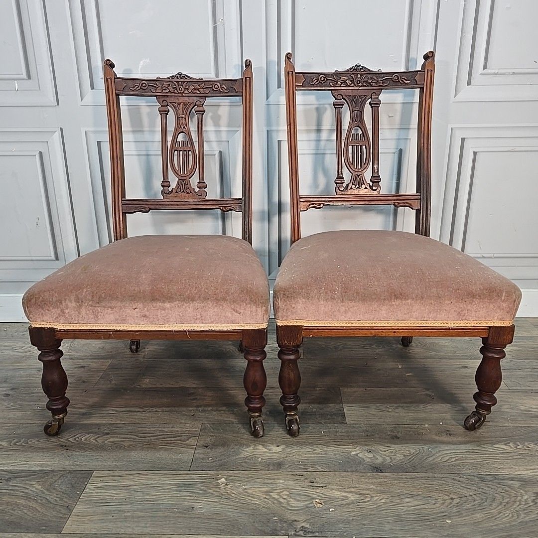 Antique Pair Bedroom Chairs Solid Wood Carved Hall Nursing Seats Mahogany photo vintage
