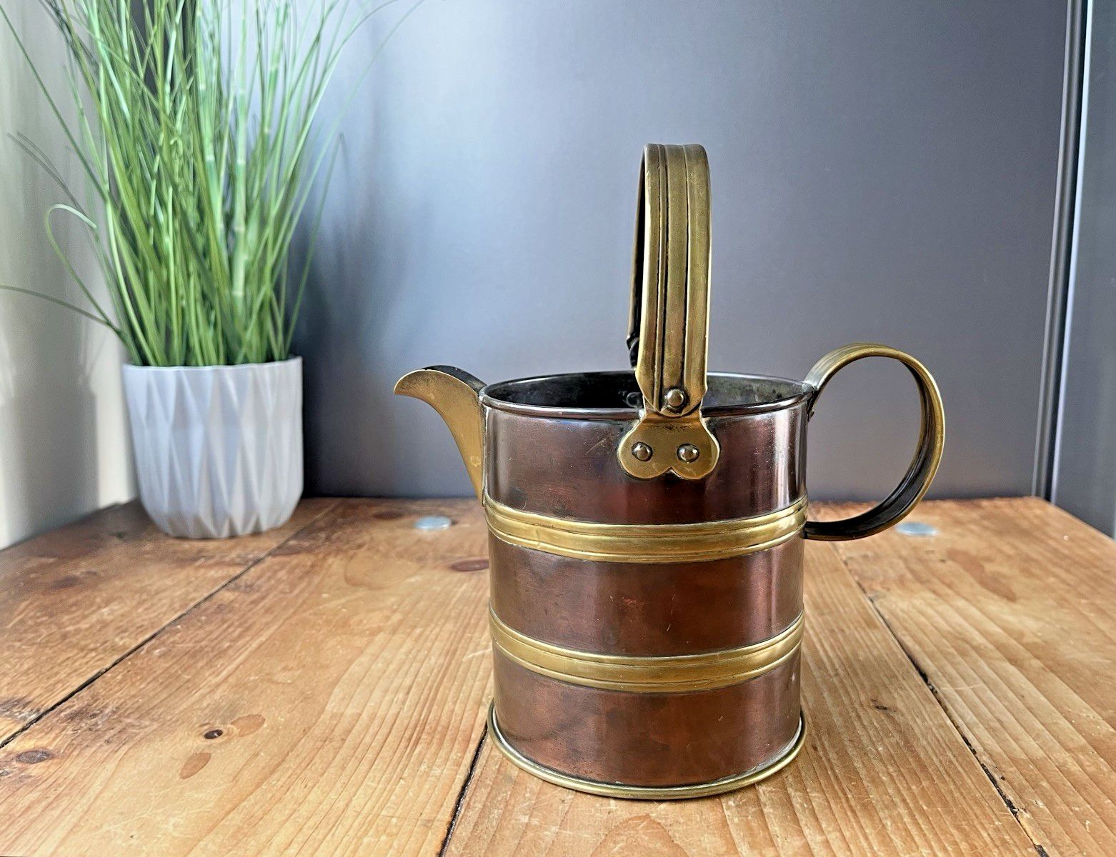 Antique Victorian Copper & Brass Milk Dairy Bucket / Watering Can Jug For Plants