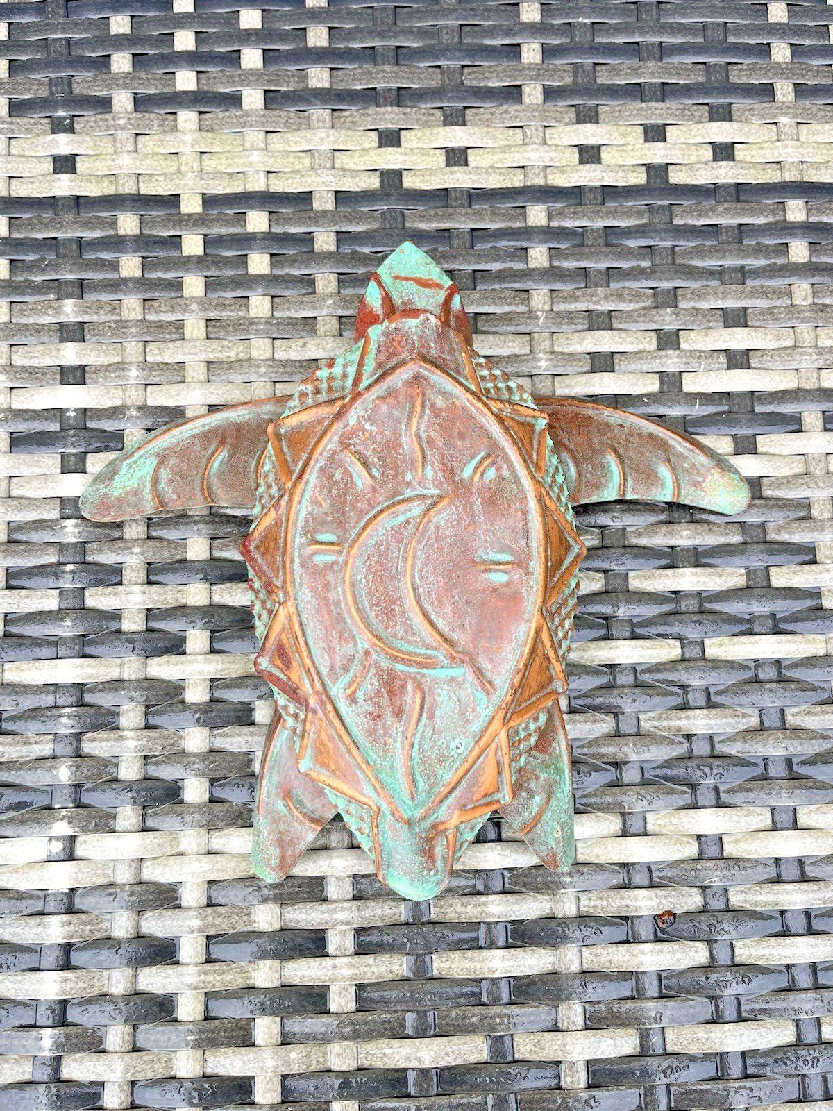 Vintage C1999 Copper Verdigris Moon Turtle Wall Folk Art By U.S Artist Kurt Ruby photo Art