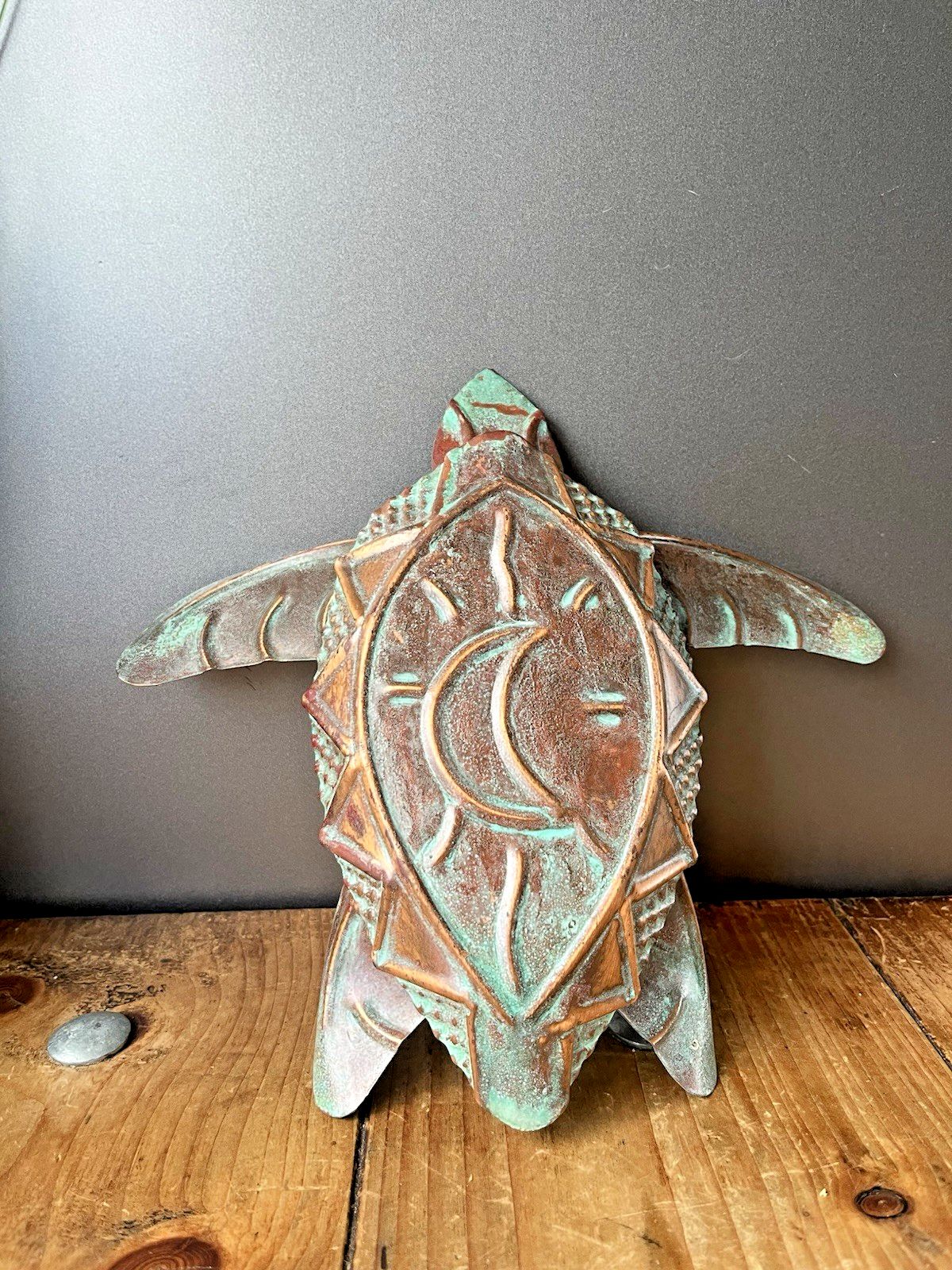 Vintage C1999 Copper Verdigris Moon Turtle Wall Folk Art By U.S Artist Kurt Ruby photo vinterior