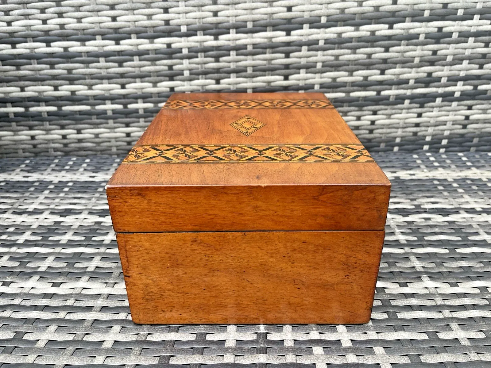Antique Inlaid Walnut Diamond Wood Storage Box Deco photo for sale