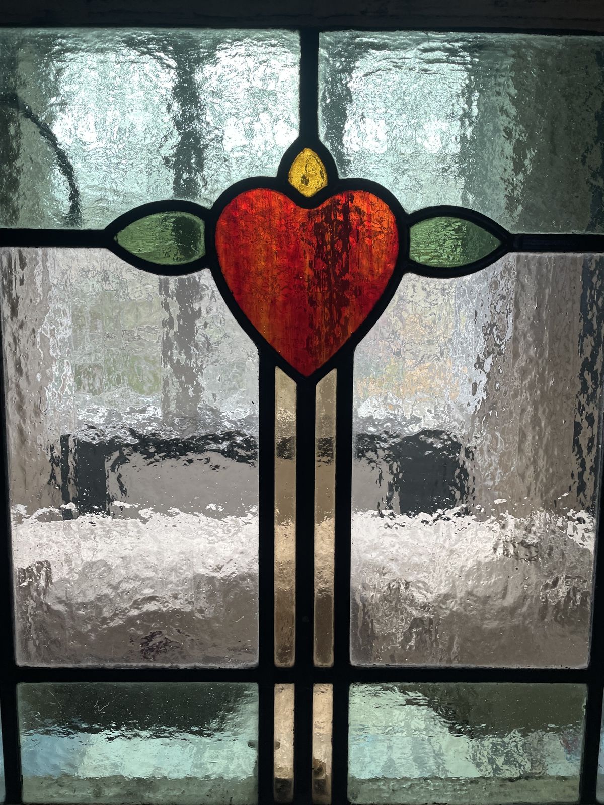 Edwardian Stained Glass Window Green/Aqua/Gold Colour Glass And Ruby Red Heart Motif C.1905 (Matching Suite Of 4 Pcs Available) H57xw63cm photo for sale