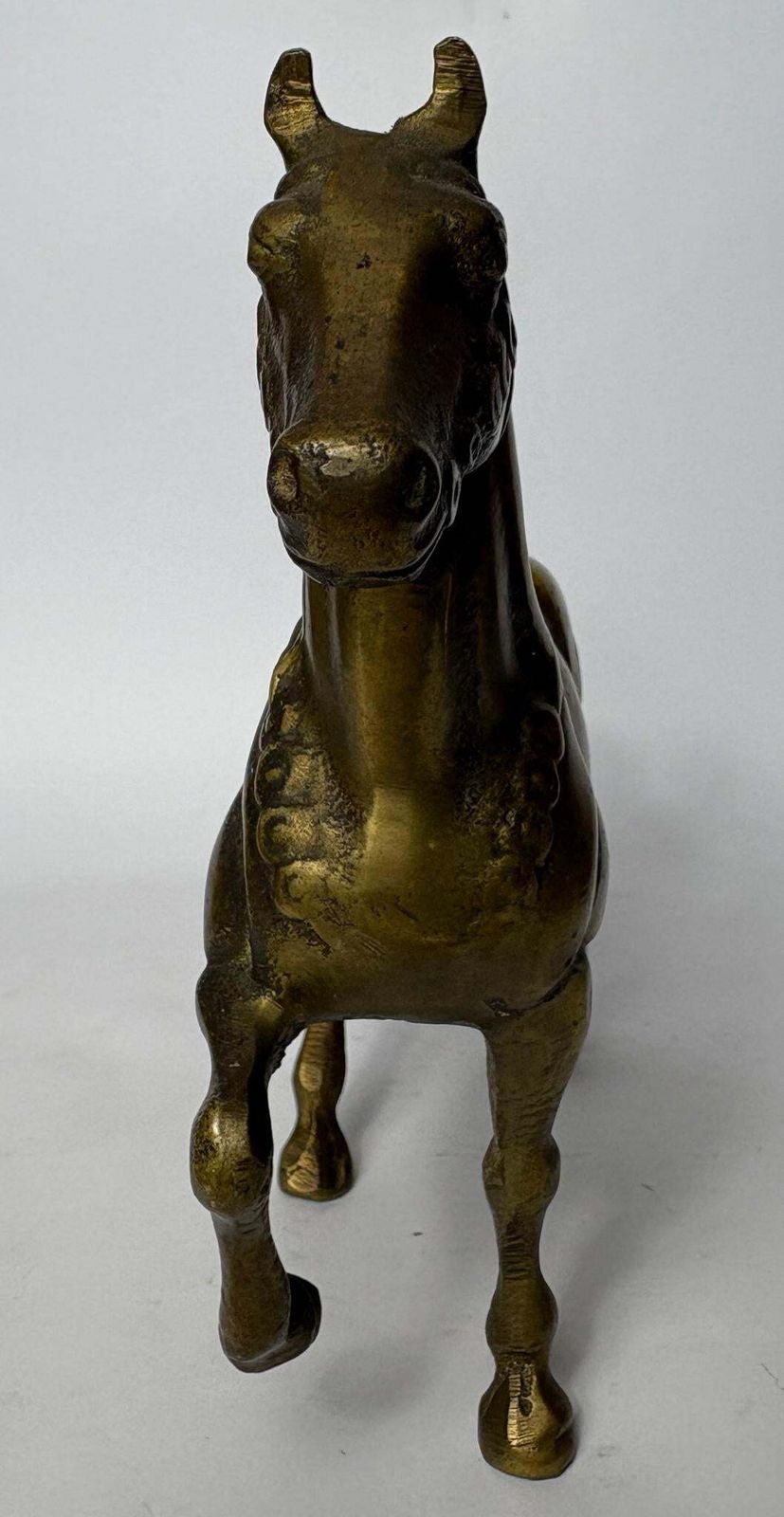 Pair Of Antique Cast Brass Horse Figures (C. 1880–1920) – Heavy Equestrian Mantel Ornaments – 21cm photo vinterior