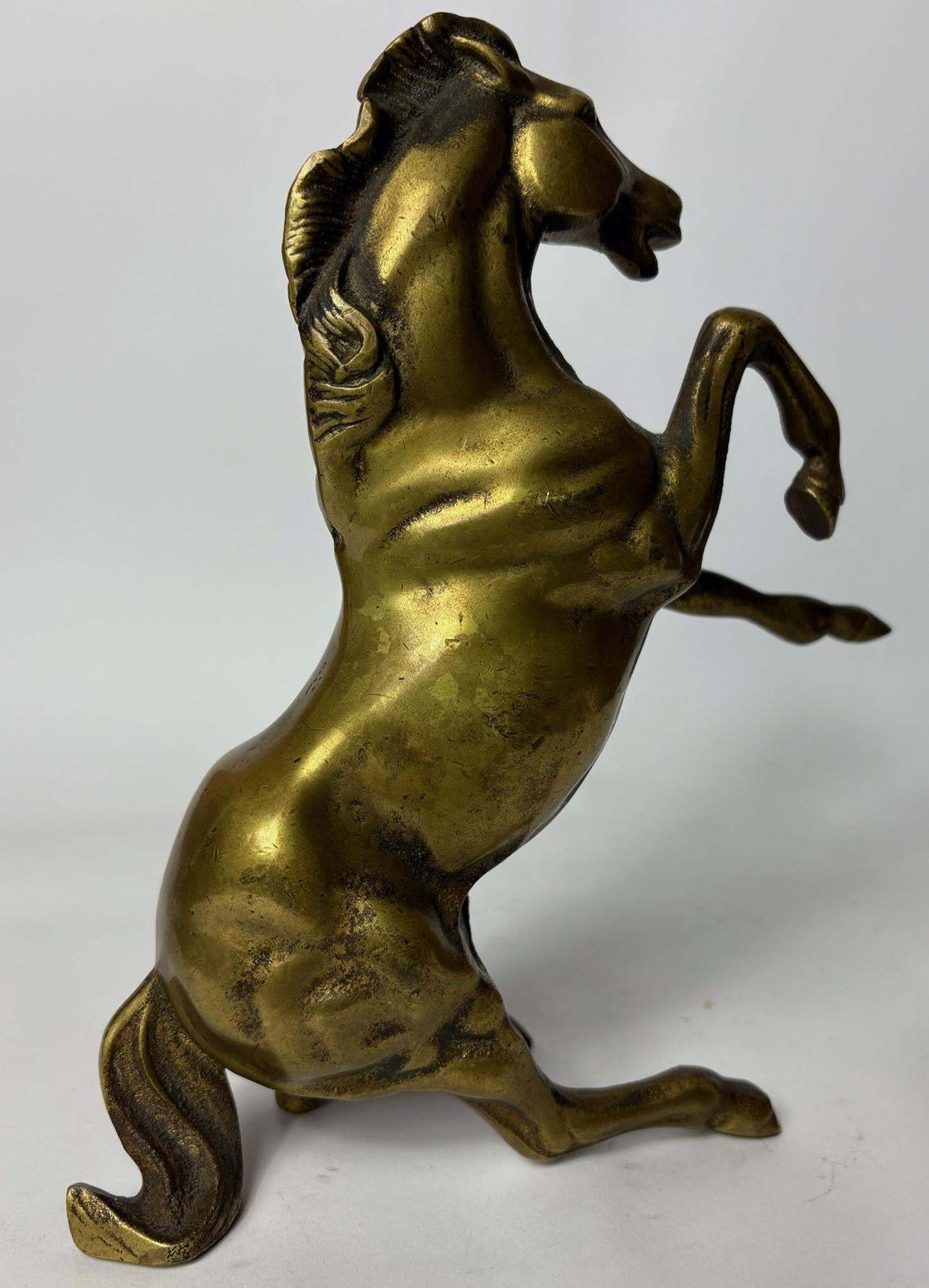 Art Pair Of Antique Cast Brass Horse Figures (C. 1880–1920) – Heavy Equestrian Mantel Ornaments – 21cm photo