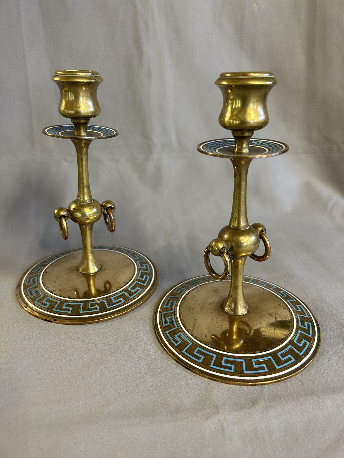 Pair Victorian Brass & Enamel Candlesticks   'Greek Key Design' photo furniture