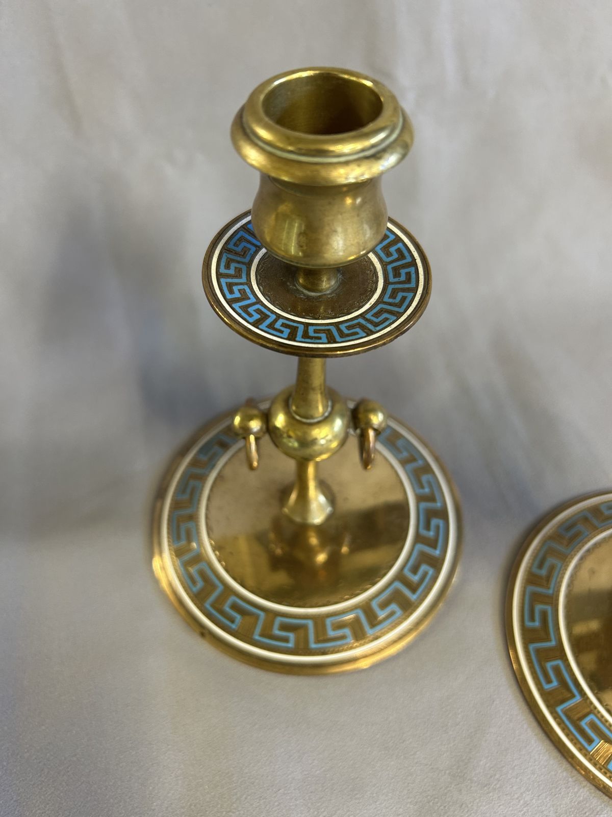 Pair Victorian Brass & Enamel Candlesticks   'Greek Key Design' photo Home Decor