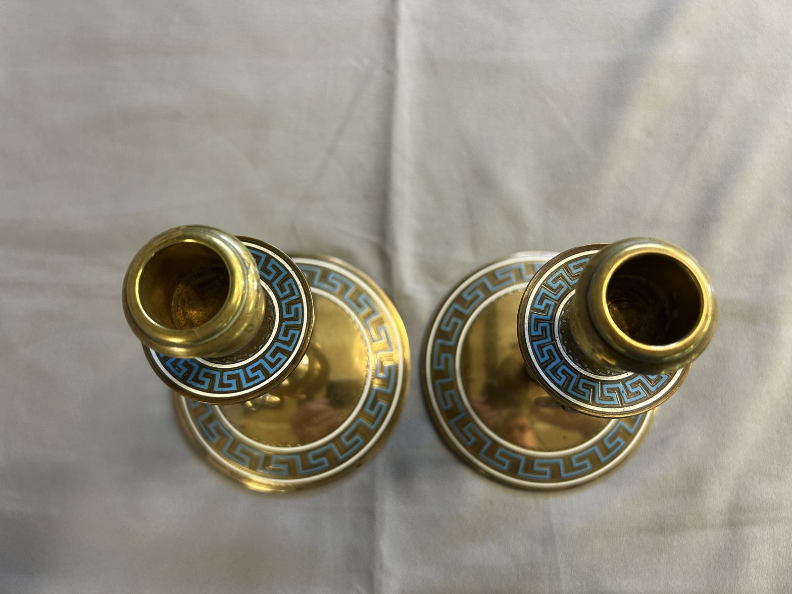 Pair Victorian Brass & Enamel Candlesticks   'Greek Key Design' photo vinterior