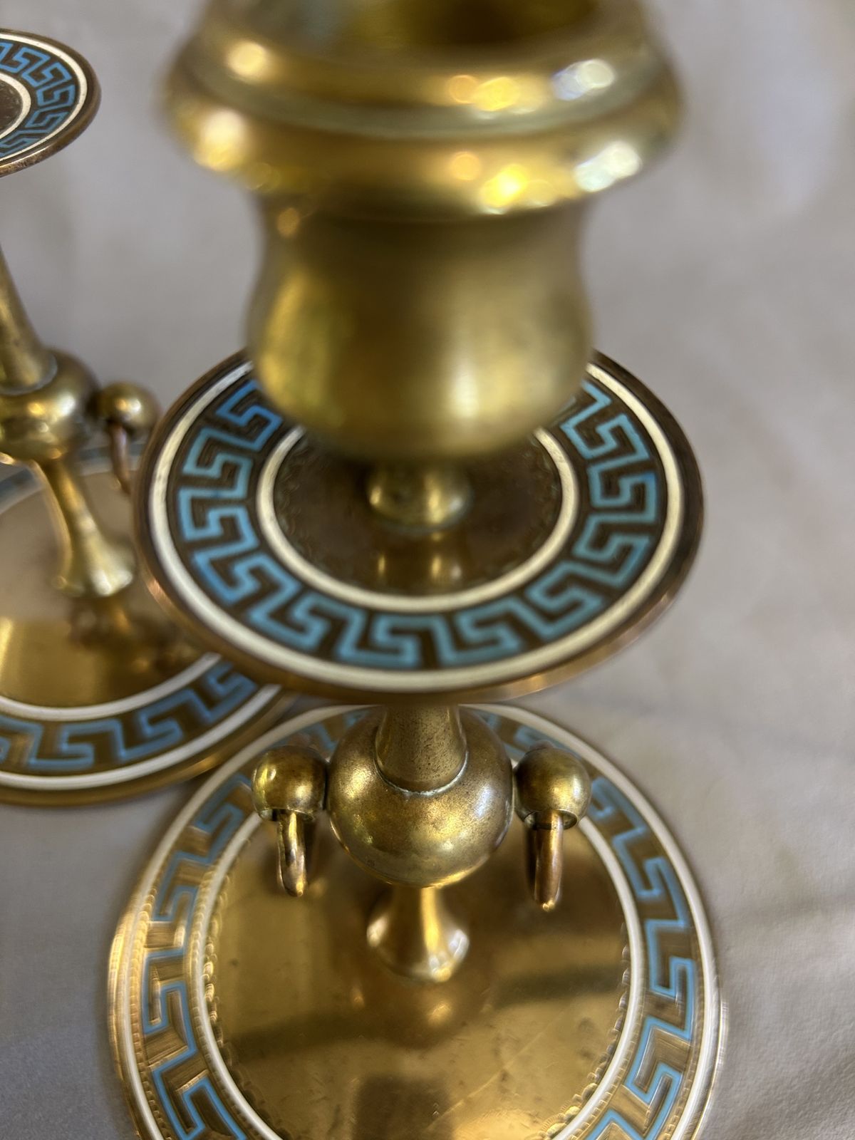 photo furniture Pair Victorian Brass & Enamel Candlesticks   'Greek Key Design'