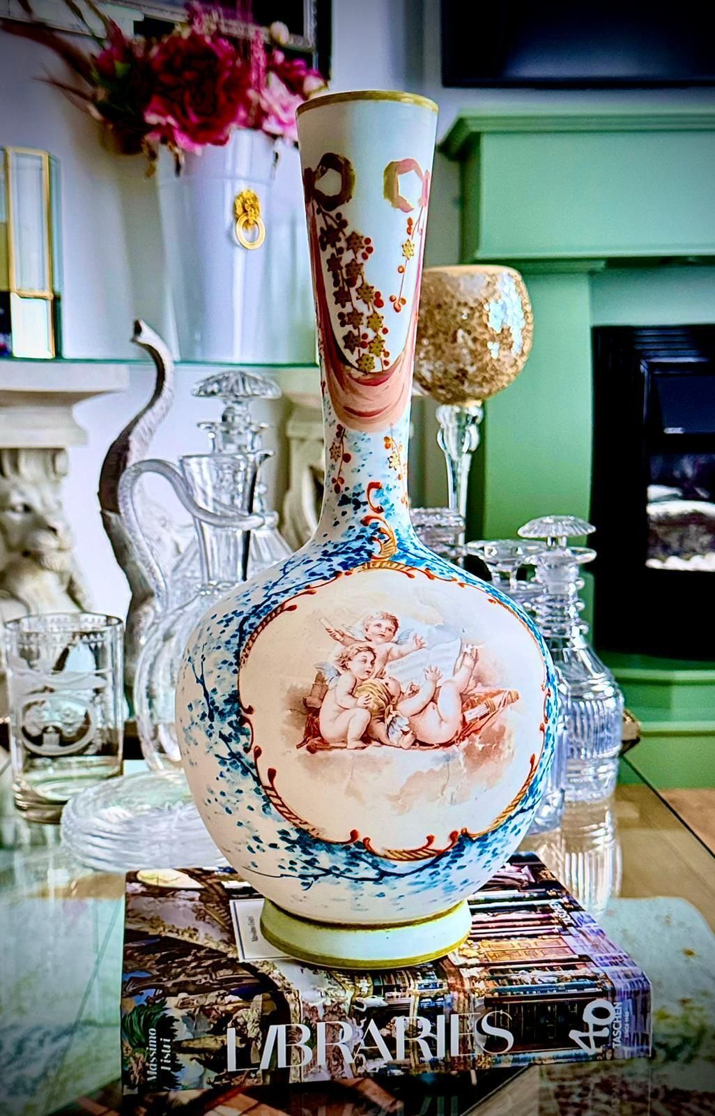 Pair Of 19th Century French Opaline Glass Vases With Hand Painted Cherubs photo furniture