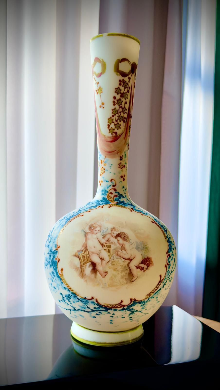 Pair Of 19th Century French Opaline Glass Vases With Hand Painted Cherubs photo for sale
