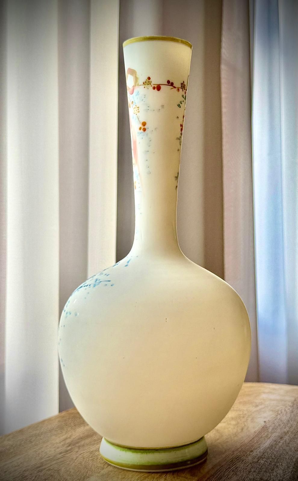 Pair Of 19th Century French Opaline Glass Vases With Hand Painted Cherubs photo Home Decor