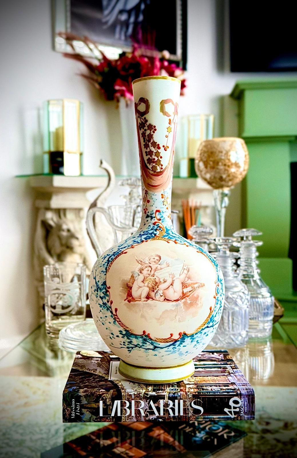 Pair Of 19th Century French Opaline Glass Vases With Hand Painted Cherubs photo 1375.0