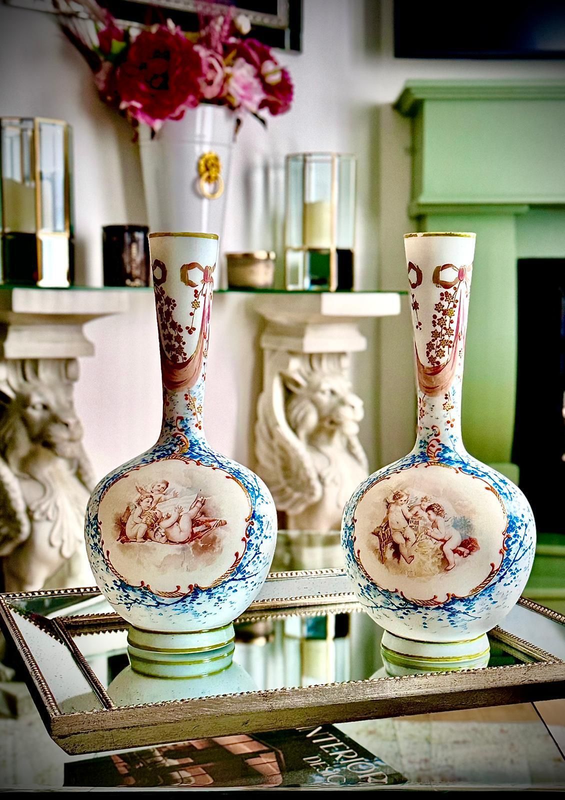 Pair Of 19th Century French Opaline Glass Vases With Hand Painted Cherubs