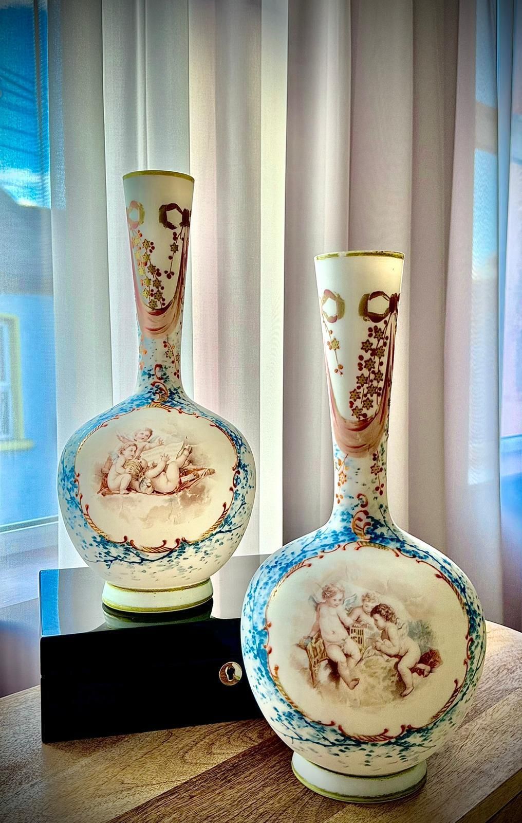 photo buy Pair Of 19th Century French Opaline Glass Vases With Hand Painted Cherubs