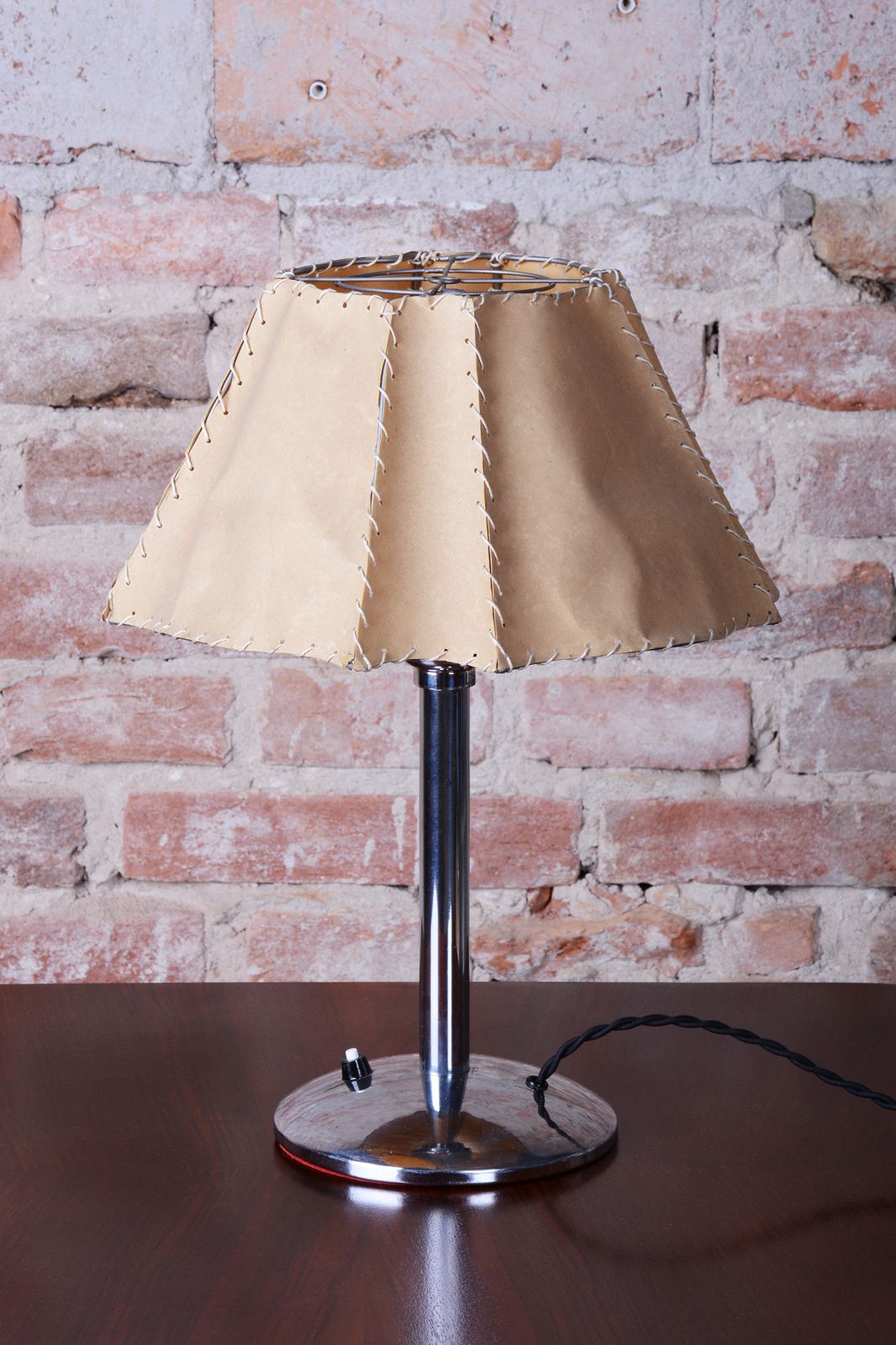 Restored Bauhaus Table Lamp, Chrome Plated Steel, Parchment, Czech, 1930s photo furniture