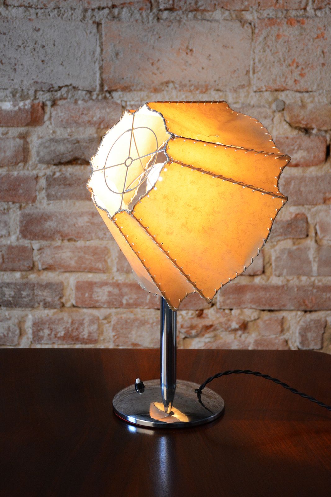 Restored Bauhaus Table Lamp, Chrome Plated Steel, Parchment, Czech, 1930s photo vintage