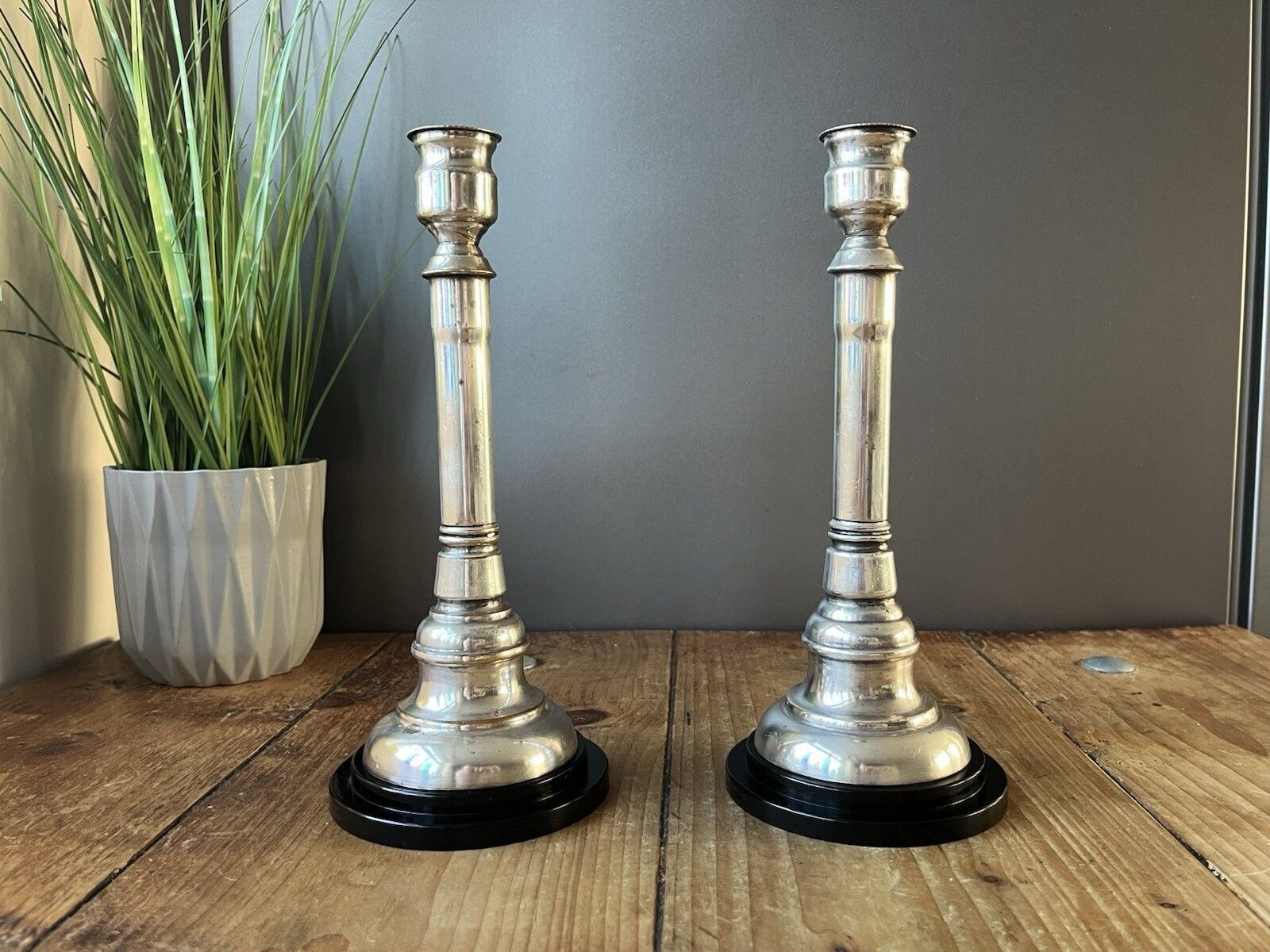 photo for sale Pair Of Art Deco Silver Plated Stepped Base Column Candlesticks Candle Holders
