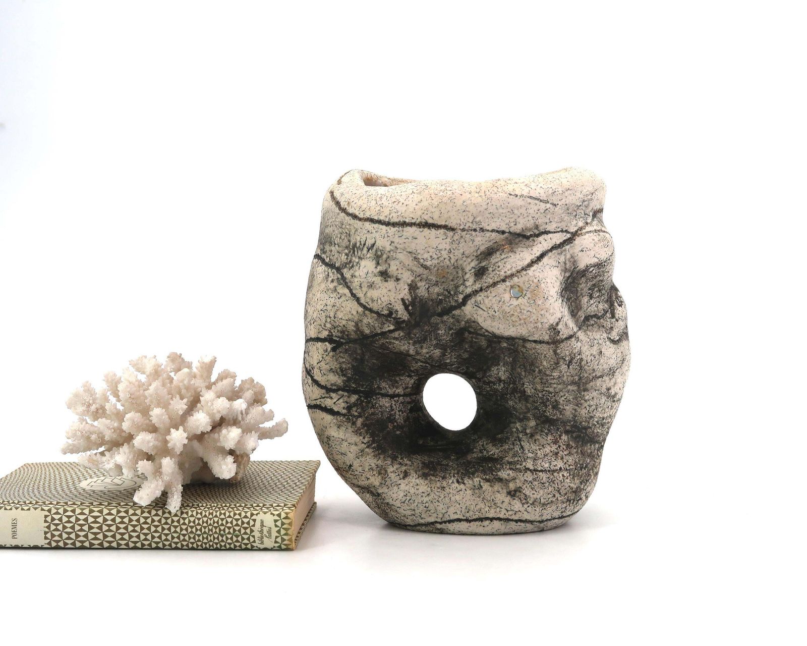 Home Decor French Sculptural Ceramic Vase Decorated With Faces And With A Hole, 1980s / Grey, Art, Artist, Home Decor, Sculpture photo
