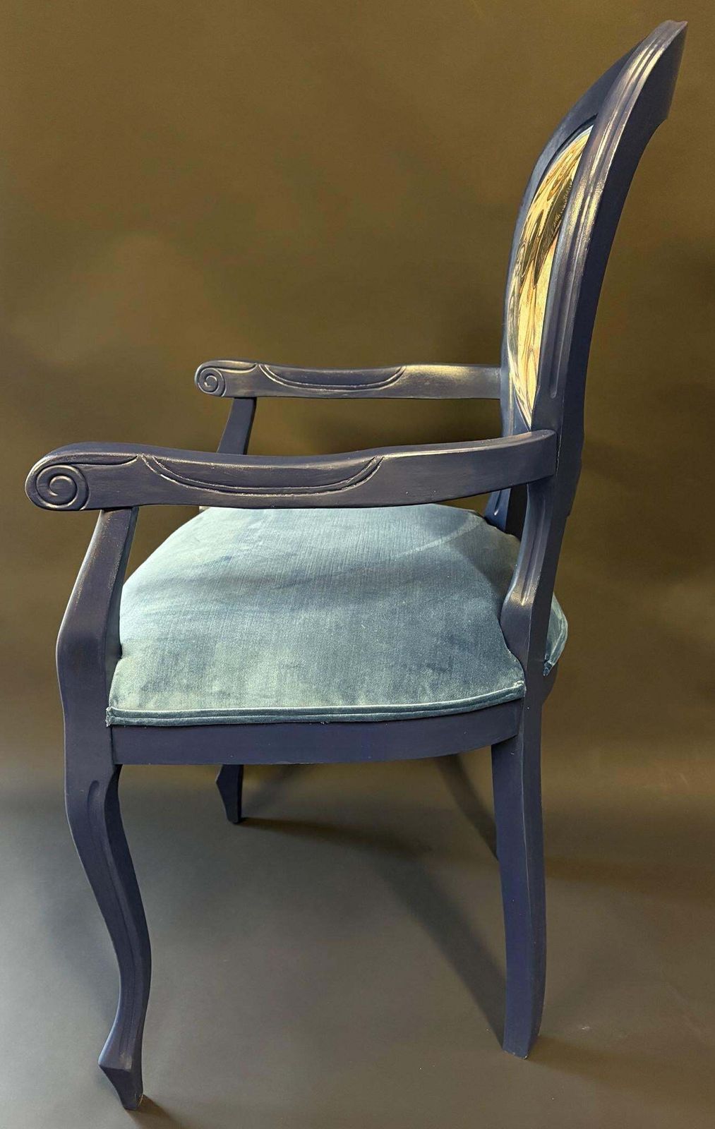 Upcycled Vintage Louis Style Armchair – Navy Painted Frame, Velvet Seat & Steampunk Pug Back photo 230.0